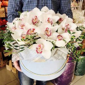15 крупных белых орхидей в коробке R645